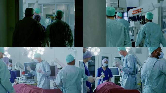 在各种各样的外科医生和助手团队走进手术室等待病人的镜头后，他们将他置于麻醉状态并开始手术。真正的现代