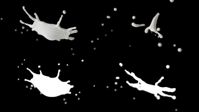 两个牛奶滴碰撞飞溅在黑色背景上的Cg动画。