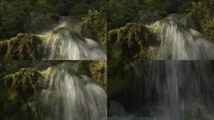 山河小瀑布和瀑布落在阳光明媚的森林中的苔藓岩石上