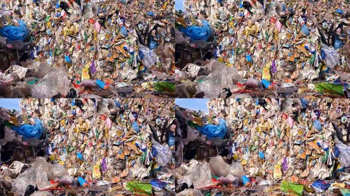 垃圾填埋场，城市垃圾场。大量塑料，垃圾收集在立方体中。