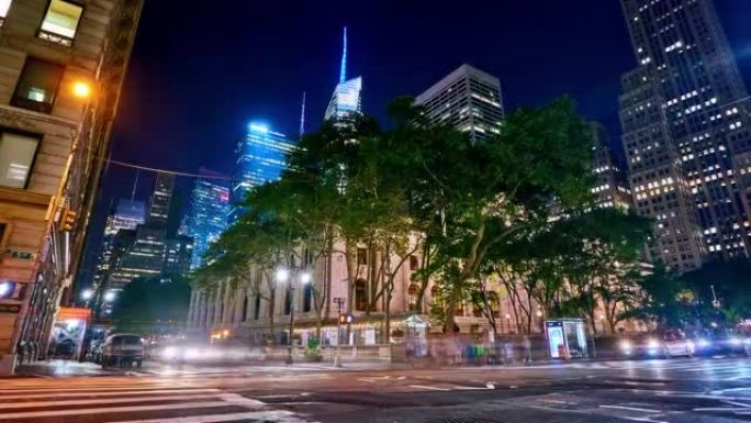 夜城-纽约公共图书馆，树，办公楼背景