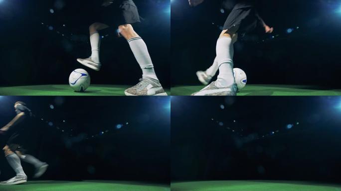 足球运动员跑到镜头附近，然后把球踢出画面。4 k。