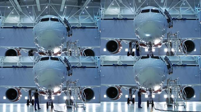 一架全新的飞机站在飞机维修机库中，飞机维修工程师/技术员/机械师用手电筒目视检查飞机。飞机舱门开着，
