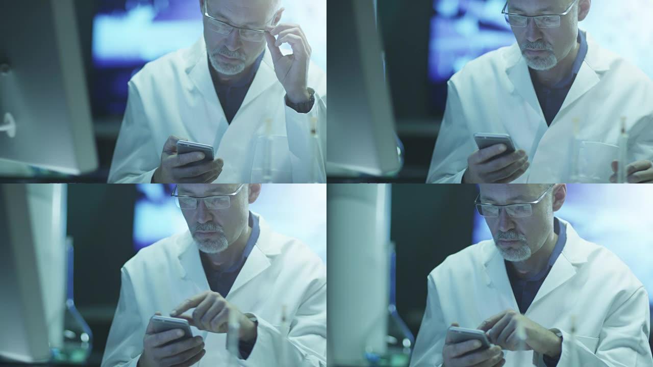 科学家正在实验室使用手机。在4k (UHD) 的红色电影相机上拍摄。