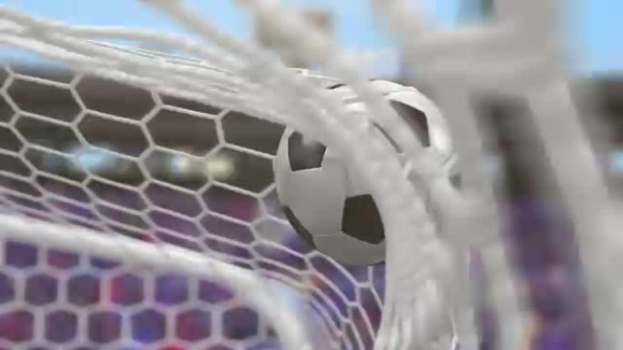 足球飞入球门。美丽的3d动画