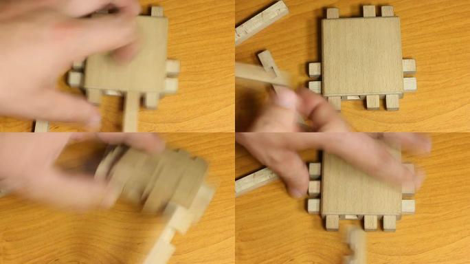木桌上的逻辑玩具逻辑木头积木
