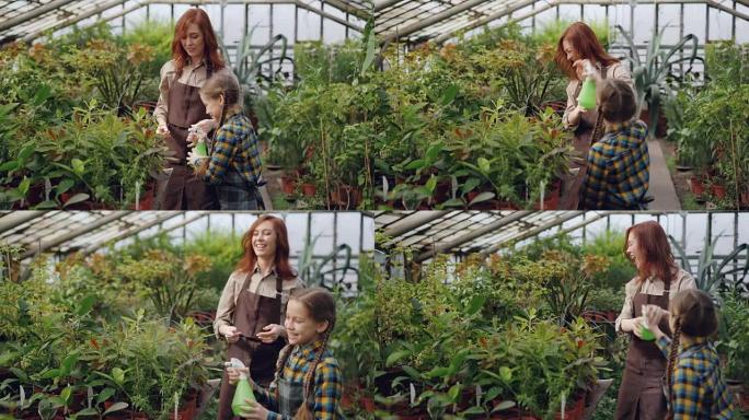 年轻女子和她的女儿在花上洒水，孩子在玩耍，并向母亲喷着笑声。种植植物和幸福家庭理念。