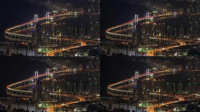 韩国釜山广安大桥的夜间时光倒流