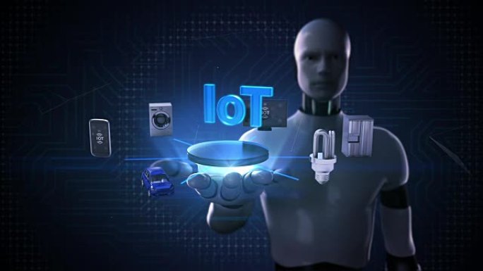 机器人、机器人开放掌上电脑、物联网技术连接智能家居设备、物联网概念。人工智能。