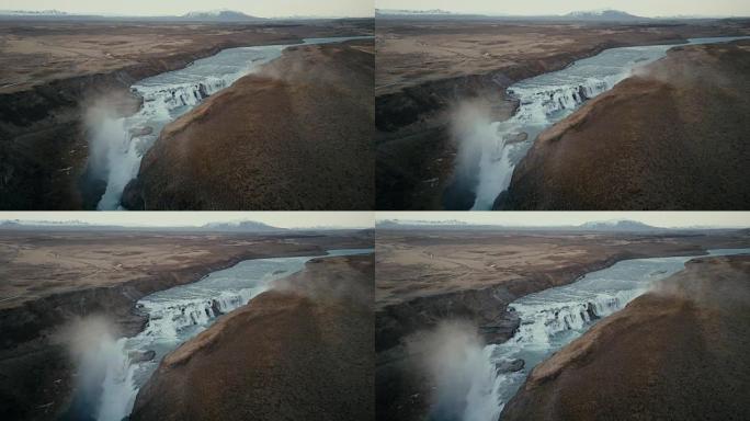 鸟瞰冰岛著名旅游胜地的美丽风景。裂缝中的瀑布Gullfoss