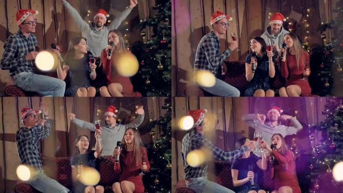 四个朋友在圣诞节时唱歌和喝香槟酒。