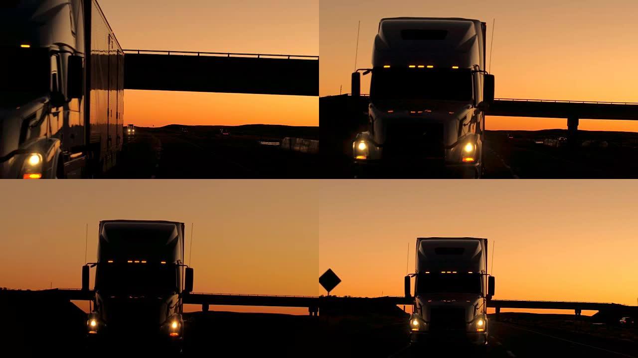 特写: 黎明时在桥下的高速公路上行驶的半挂卡车