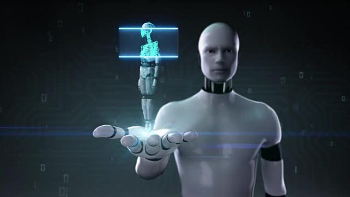 机器人开放手掌，机器人内部的人体骨骼结构。生物技术。