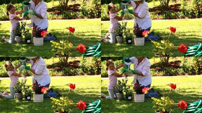 祖母和孙女一起园艺