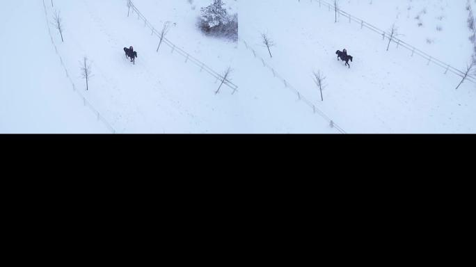 空中: 年轻女孩骑手在冬季仙境骑马