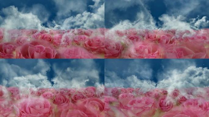 绽放玫瑰园-云朵/玫瑰/云朵/蓝色（无缝可循环）