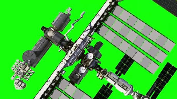 国际空间站的飞行。绿屏。