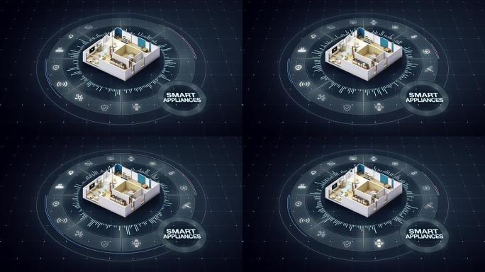 旋转家居设计，智能家电，围绕各种物联网家电图标。