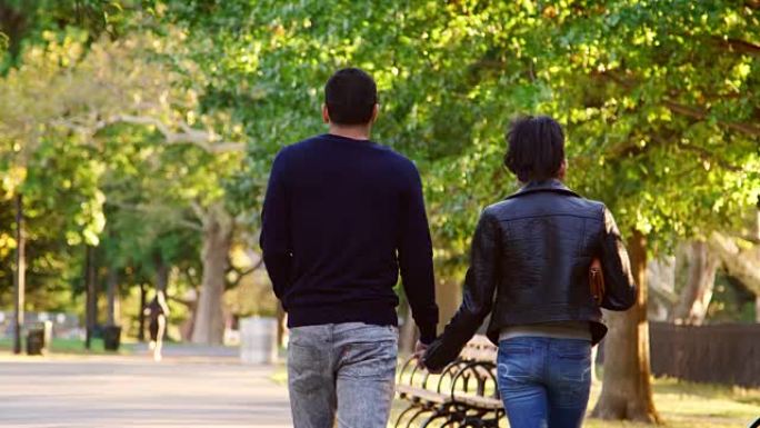 年轻的西班牙裔夫妇在布鲁克林公园散步，后视图