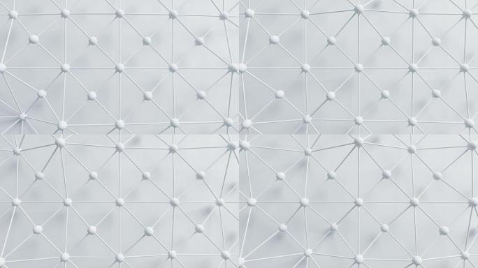 美丽的白色网络网格，线条和球体在循环3d动画中变形。抽象运动设计背景。计算机生成的过程。4k UHD