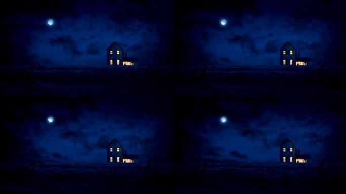 夜晚与月亮在乡村的房子