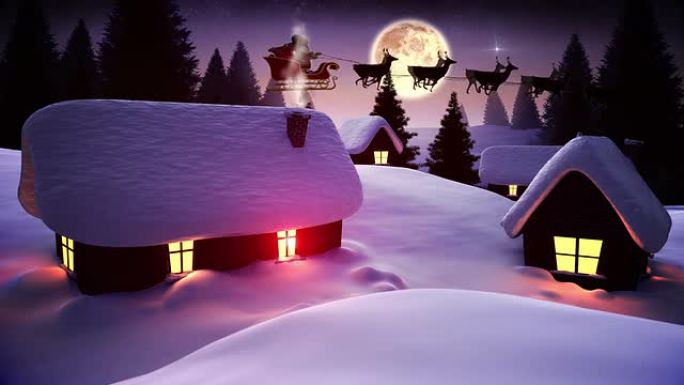圣诞老人飞越可爱的白雪皑皑的村庄