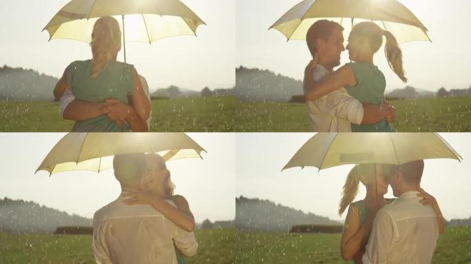 特写: 开朗的年轻夫妇在雨中跳舞时分享浪漫的时刻。