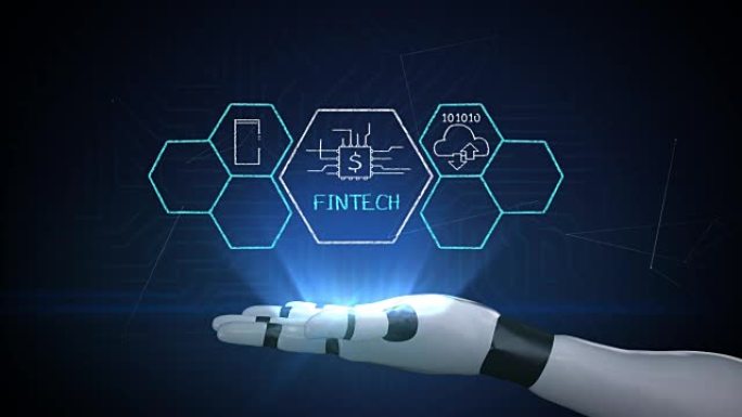 机器人手臂上的Fin-tech图标和各种图形。未来的金融技术。4k电影。