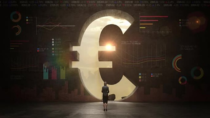 女商人站在黑墙前，形状为欧元标志。欧元货币。用经济图表