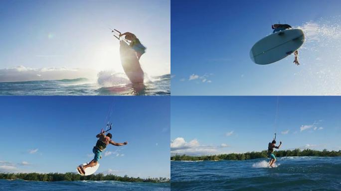 年轻人抓住空中风筝冲浪。慢动作中的极限风筝。