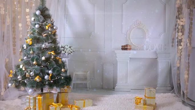 新年，圣诞节，礼物，客厅壁炉。没人，没人。新年背景