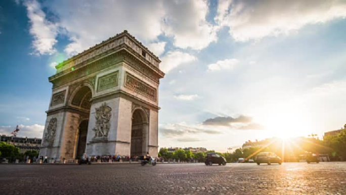 日落时巴黎凯旋门-4k城市景观、景观和建立者