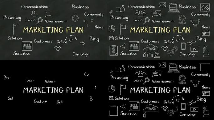 黑板上 “营销计划” 的手写概念。有各种各样的图表。
