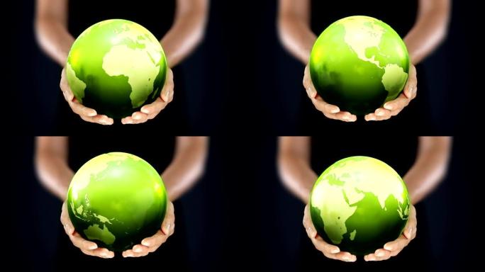 女性双手握着地球。从欧洲开始。绿色。