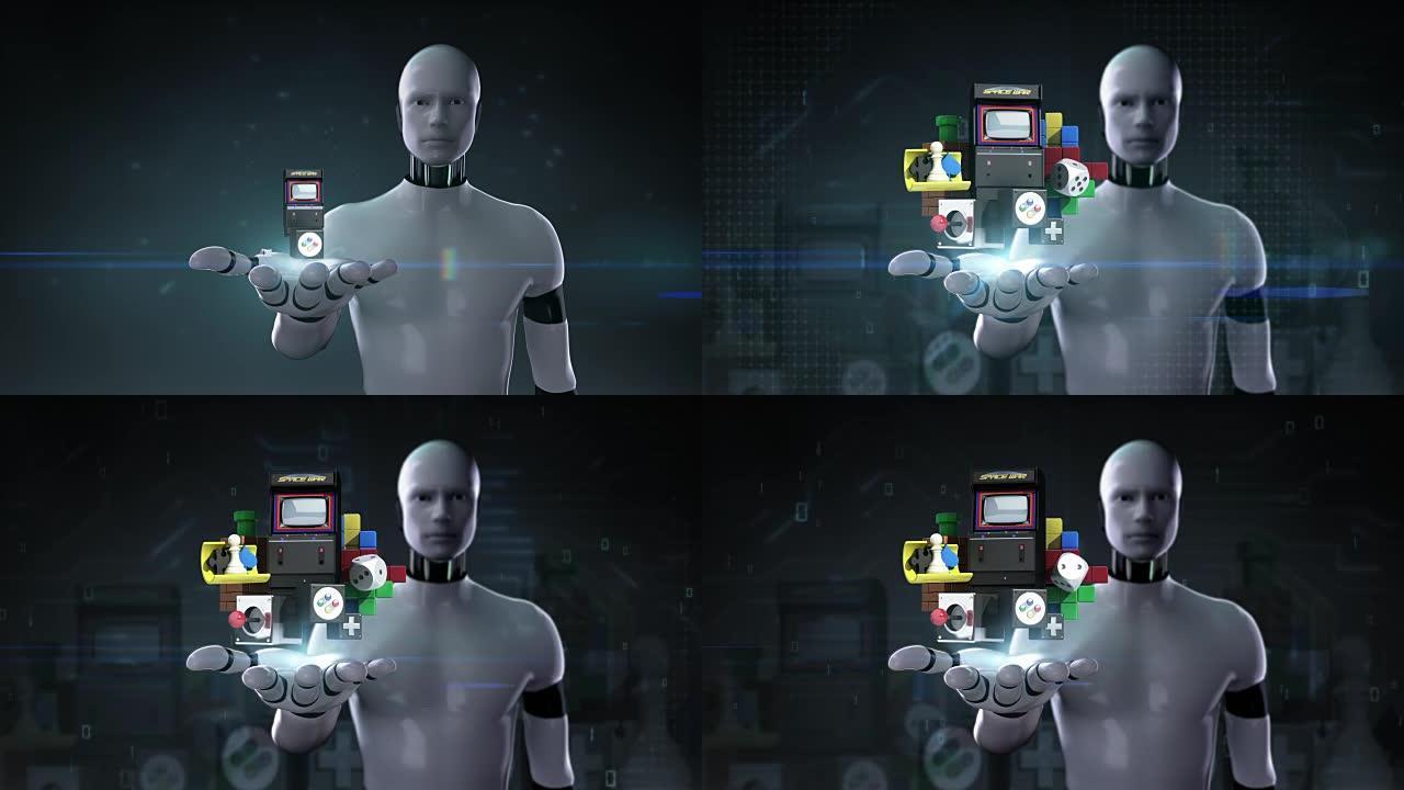 机器人打开手掌，视频游戏内容下载互联网服务功能。