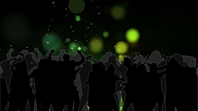 跳舞的人群随着绿色光的发光圈移动