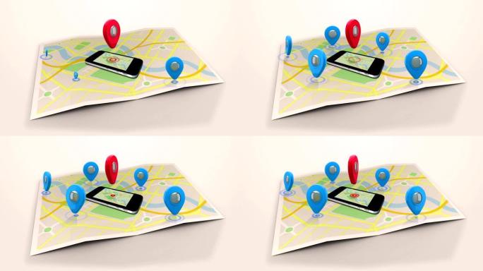 红色标记指向位于被蓝色标记包围的地图上的移动设备