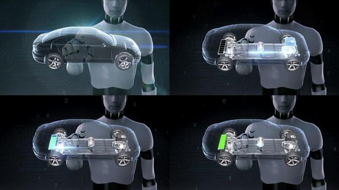 机器人，机器人触摸电子，离子电池回声车。给汽车电池充电。电池电量检查，未来的汽车。侧面视图。2。
