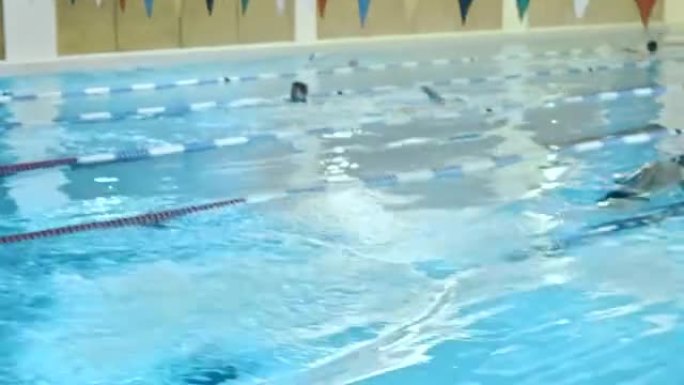 职业男子游泳运动员跳下起跑器并进行蝶泳。摄像机跟着他。