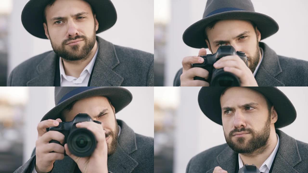 一个可疑的年轻摄影师在给你拍照。潮男间谍的概念，戴着帽子拍照和看着相机