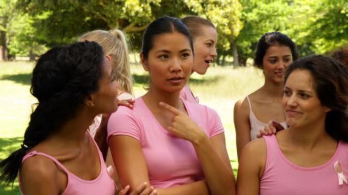 快乐的粉红色女性对乳腺癌的认识聊天