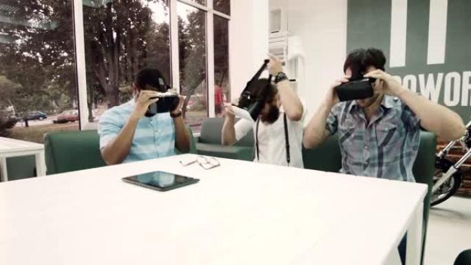 在合作场所戴着虚拟现实眼镜的朋友