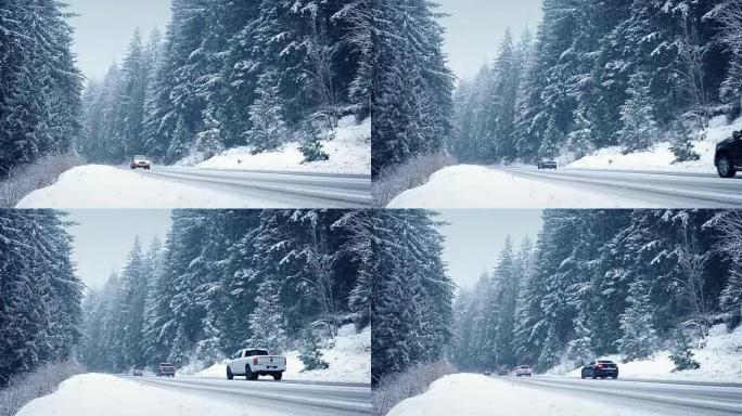 暴风雪中冬季高速公路上的汽车
