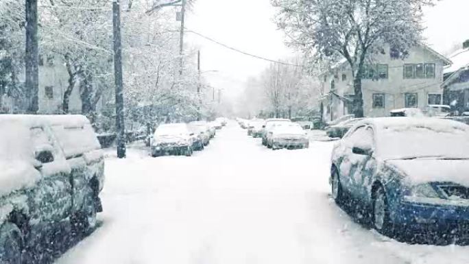 暴风雪中的郊区道路