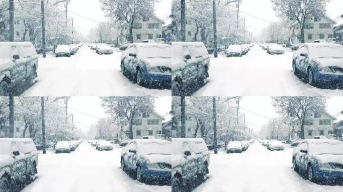 暴风雪中的郊区道路