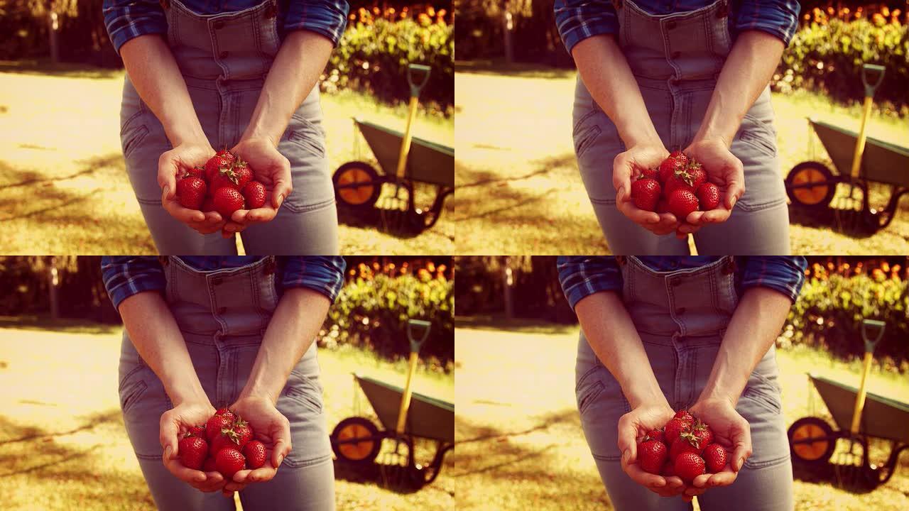 女园丁在公园里展示草莓