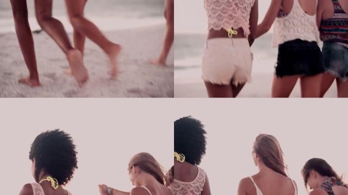 非洲女孩在海滩上与朋友牵手