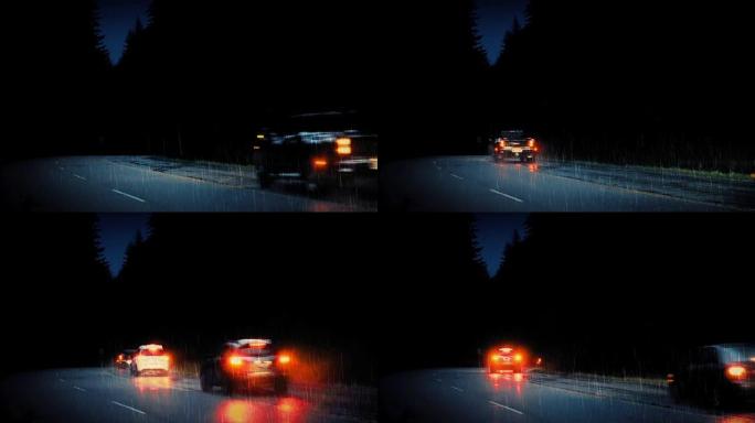 暴雨中夜间在森林路上行驶的汽车