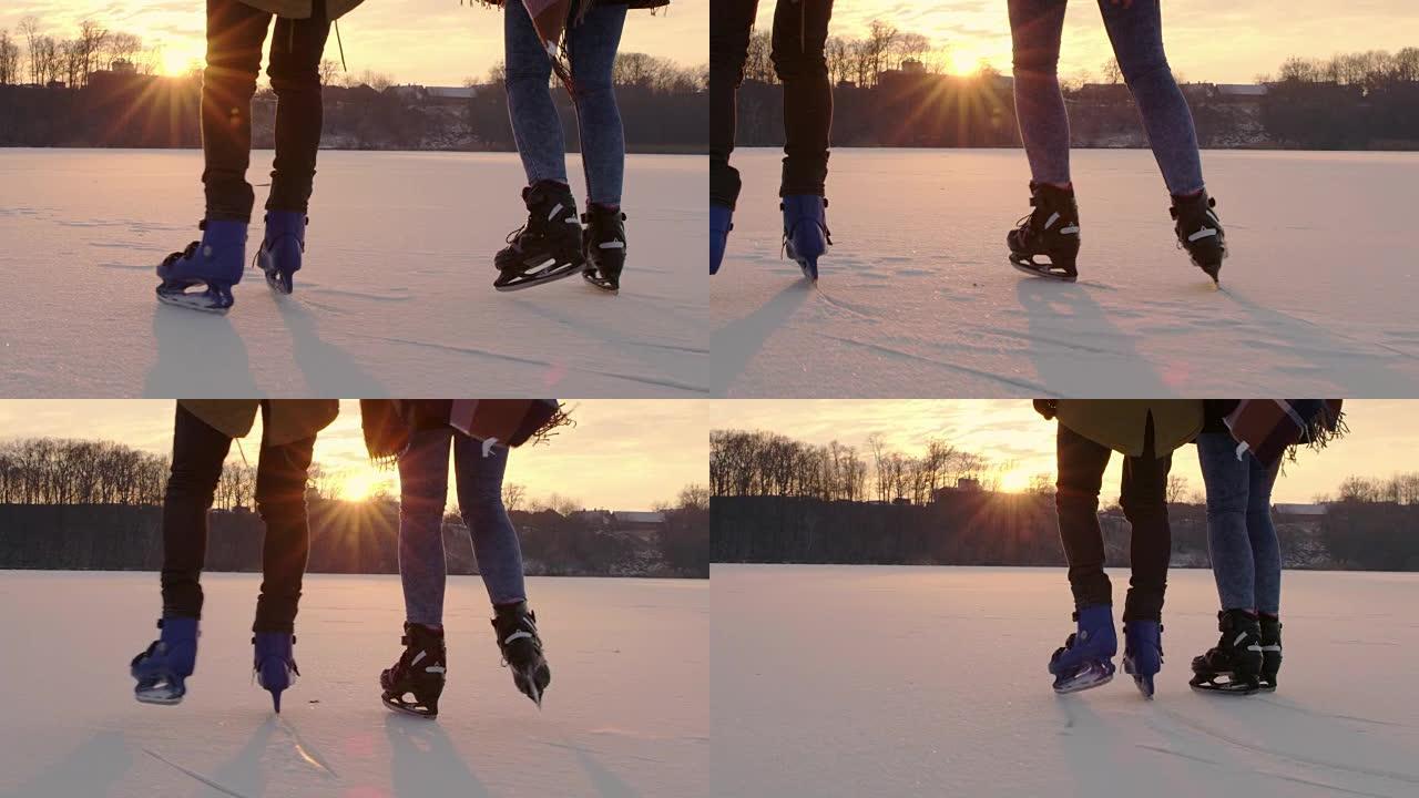 4k情侣在冰冻的湖面滑冰，慢动作