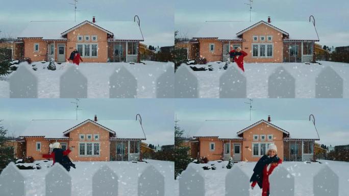 美丽的年轻微笑的女人在飘落的雪下跳跃和旋转。穿着红色外套和围巾的女孩在后院享受冬日。田园诗般的房子站